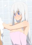  &gt;:) 1girl armpits bangs bare_arms bare_shoulders blue_eyes breasts bright_pupils cleavage closed_mouth eyebrows_visible_through_hair medium_breasts naked_towel nervous_smile original salpin sidelocks silver_hair smile soap solo_focus sweat tile_wall tiles towel upper_body washing_back 