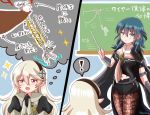  ! 2girls armor artist_name black_gloves black_hairband black_shorts blue_eyes blue_hair byleth_(fire_emblem) byleth_(fire_emblem)_(female) chalkboard corrin_(fire_emblem) corrin_(fire_emblem)_(female) fire_emblem fire_emblem:_three_houses fire_emblem_fates from_behind gloves hairband hands_clasped imagining long_hair multiple_girls navel_cutout open_mouth own_hands_together pantyhose pitapita_misya pointy_ears red_eyes shorts spoken_exclamation_mark super_smash_bros. white_hair 