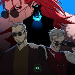  4boys adjusting_eyewear arm_around_shoulder armor bangs beard black_cloak black_eyes cloak facial_hair facial_mark fate/extra fate/grand_order fate_(series) glasses gloves glowing glowing_eyes gradient_hair grey_hair haori horns james_moriarty_(fate/grand_order) japanese_clothes k_(chissaiossan) kimono king_hassan_(fate/grand_order) li_shuwen_(fate) li_shuwen_(fate/grand_order) long_hair long_sleeves looking_at_viewer looking_back male_focus multicolored_hair multiple_boys mustache necktie old_man ponytail red_hair simple_background skull smile sunglasses upper_body wrinkles yagyuu_munenori_(fate/grand_order) 