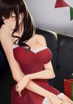  1girl bare_shoulders black_hair blush box breasts christmas cleavage closed_eyes collarbone commentary_request dress fur-trimmed_dress fur_trim fuurin_restia gift gift_box hair_between_eyes idolmaster idolmaster_cinderella_girls large_breasts long_hair red_dress sagisawa_fumika sleeping solo strapless strapless_dress upper_body 