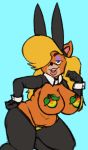  activision anthro bandicoot bardyr belly big_breasts blonde_hair breasts bunny_ears_(cosmetic) clothing covered_pussy crash_bandicoot_(series) eyeshadow female fur green_eyes hair huge_breasts long_hair looking_at_viewer makeup mammal marsupial pasties simple_background slightly_chubby smile solo tawna_bandicoot video_games wumpa_fruit 