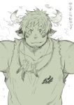  1boy animal_ears arms_up bangs bara beard blush chest facial_hair feathers forked_eyebrows glowing_horns horns kuro_nezumi_inu looking_at_viewer male_focus manly muscle native_american open_mouth pectorals revealing_clothes simple_background sketch smile solo tank_top thick_eyebrows tokyo_houkago_summoners torn_clothes upper_body wakan_tanka 