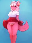  anthro black_nose blue_eyes bottomwear breasts canid canine clothed clothing clothing_lift derpyrider female fur hair hi_res mammal marshmallow_fluff_(character) nipple_outline panties pink_body pink_fur pink_hair skirt skirt_lift solo underwear 