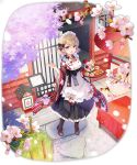  1girl :d apron azur_lane blonde_hair blurry boots breasts cherry_blossoms flower food frilled_apron frills full_body highres holding japanese_clothes kimono long_sleeves looking_at_viewer maid maid_apron maid_headdress medium_breasts official_art open_mouth oriental_umbrella pavement pink_flower pitcher purple_eyes sakura_koharu short_hair smile solo standing table transparent_background tray umbrella wa_maid wide_sleeves z23_(azur_lane) 