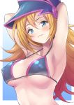  1girl armpits bare_shoulders blonde_hair blue_background blush breasts cleavage collarbone commentary_request covered_nipples dark_magician_girl duel_monster hat highres large_breasts long_hair looking_at_viewer nukkoru purple_eyes simple_background smile solo upper_body white_background wizard_hat yuu-gi-ou 
