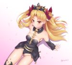  1girl absurdres artist_name bangs bar_censor black_dress black_legwear blonde_hair blush bow breasts censored collarbone commentary_request detached_collar dress earrings ereshkigal_(fate/grand_order) eyebrows_visible_through_hair fate/grand_order fate_(series) from_above hair_bow hair_ribbon highres jewelry long_hair looking_at_viewer parted_bangs pubic_hair pussy red_eyes ribbon sitting skull smile solo tiara two_side_up very_long_hair yanows 