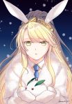  1girl :o animal_ears artoria_pendragon_(all) artoria_pendragon_(swimsuit_ruler)_(fate) bangs blonde_hair blue_background blue_neckwear braid breasts bunny_ears coat cupping_hands detached_collar fate_(series) fur_coat green_eyes highres kazashino long_hair long_sleeves mittens necktie parted_lips ponytail sidelocks snow_bunny snowing solo tiara upper_body white_coat wide_ponytail 