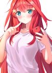 1girl absurdres blue_eyes blush breasts cellphone go-toubun_no_hanayome hair_ornament hands_up highres holding holding_phone index_finger_raised long_hair looking_at_viewer medium_breasts nakano_itsuki phone red_hair rei_(ilust9999) shirt short_sleeves simple_background solo star star_hair_ornament t-shirt white_background white_shirt 