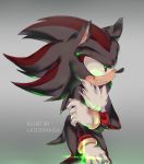  2018 anthro blood bodily_fluids clothing english_text eulipotyphlan gloves handwear hedgehog lazoomaiga male mammal shadow_the_hedgehog simple_background solo sonic_the_hedgehog_(series) teeth text tuft video_games wounded 