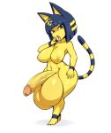  2020 animal_crossing ankha_(animal_crossing) anthro areola balls big_balls big_penis blue_hair breasts crossgender domestic_cat egyptian felid feline felis ftg_crossgender fti_crossgender genitals gynomorph hair hi_res huge_balls humanoid_genitalia humanoid_penis hyper hyper_balls hyper_genitalia intersex jadf looking_at_viewer mammal nintendo nipples open_mouth penis short_hair simple_background solo striped_tail stripes uraeus video_games white_background 