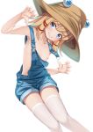  1girl blonde_hair blue_eyes brown_headwear cowboy_shot denim flat_chest hat highres long_hair looking_at_viewer moriya_suwako naked_overalls nipples overalls paburisiyasu sidelocks simple_background smile solo suspenders teeth thighhighs touhou white_background white_legwear 