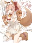  1girl animal_ear_fluff animal_ears apron bangs bare_shoulders bell bell_collar between_fingers blush breasts brown_eyes cat_hair_ornament cleavage collar fangs fate/extra fate/grand_order fate_(series) fox_ears fox_girl fox_tail gloves hair_between_eyes hair_ornament highres jingle_bell kneeling knife large_breasts long_hair looking_at_viewer naked_apron open_mouth paw_gloves paw_shoes paws pink_hair ponytail ramune. shoes sidelocks simple_background smile tail tamamo_(fate)_(all) tamamo_cat_(fate) white_background 