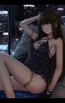  1girl absurdres arm_up armlet bare_shoulders black_dress black_gloves black_hair breasts brown_eyes city cleavage criss-cross_halter dress feet_out_of_frame girls_frontline gloves hair_ornament halter_dress halterneck highres indoors knee_up letterboxed long_hair looking_at_viewer m4a1_(girls_frontline) medium_breasts night older parted_lips selcky sitting sleeveless sleeveless_dress smile solo thighlet thighs very_long_hair 