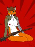  alexandra_foxtress anthro blue_eyes breasts canid canine clothing cyber_fox cybernetic_arm cybernetic_eye cybernetics female fox gun machine mammal open_clothing ranged_weapon rifle simple_background solo themadshepherd torn_clothing weapon 
