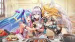  3girls alternate_costume blonde_hair blue_eyes blush chocolate food frills fruit green_eyes hel_(valkyrie_connect) highres indoors long_hair multiple_girls non-web_source official_art open_mouth skuld_(valkyrie_connect) sweat twintails upper_teeth valkyrie_connect viola_(valkyrie_connect) wings 