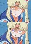  absurdres anger_vein bangs bishoujo_senshi_sailor_moon blonde_hair blue_eyes blue_sailor_collar breasts choker circlet cleavage crescent derivative_work earrings english_commentary floor hair_ornament heart heart_choker highres jewelry long_hair looking_away looking_to_the_side one-punch_man parody parted_bangs red_choker sailor_collar sailor_moon_redraw_challenge saitama_(one-punch_man) sanpaku screencap_redraw shaded_face tatsumaki the_golden_smurf tsukino_usagi twintails upper_body wide-eyed 