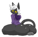  anthro backsack balls big_butt black_body black_fur butt cheese_cake cheesy_(cheese_cake) domestic_cat felid feline felis fur genitals girly hair looking_at_viewer male mammal red_pupils simple_background smug solo white_hair yellow_sclera 