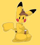  2019 anthro beverage black_eyes breasts cleft_tail clothing cup detective_pikachu dipstick_ears featureless_breasts female fur hat_only headgear headwear hi_res mostly_nude multicolored_ears nintendo pikachu pok&eacute;mon pok&eacute;mon_(species) samurairen simple_background sitting solo video_games yellow_background 