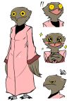  anthro avian beak bird brown_body brown_feathers clothed clothing enigi09 feathers female happy looking_at_viewer pink_clothing potoo smile solo surprise yellow_eyes 
