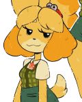  2019 :3 accessory animal_crossing anthro bags_under_eyes breasts canid canine clothing female floppy_ears fur hair hair_accessory half-closed_eyes hi_res isabelle_(animal_crossing) mammal narrowed_eyes nintendo samurairen simple_background smug solo video_games 