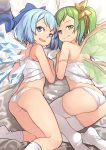  2girls aoi_tsunami ass bare_shoulders bed_sheet blue_bow blue_eyes blue_hair bow camisole cirno daiyousei fairy_wings from_behind green_eyes green_hair hair_bow highres ice ice_wings looking_at_viewer looking_back multiple_girls no_pants panties smile socks strap_slip thighhighs touhou transparent_wings underwear white_legwear white_panties wings 