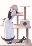  1girl ;o absurdres animal black_dress black_footwear blonde_hair blue_eyes cat cat_tower dress full_body head_rest highres long_sleeves looking_at_viewer maid maid_headdress one_eye_closed original own_hands_together parted_lips short_hair simple_background sitting solo white_background 