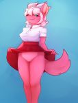  anthro barely_visible_genitalia barely_visible_pussy black_nose blue_eyes bottomless bottomwear breasts clothed clothing clothing_lift derpyrider female fur genitals hair hi_res marshmallow_fluff_(character) no_underwear pink_body pink_fur pink_hair pussy skirt skirt_lift solo 