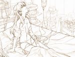  1girl bangs bed blanket bow breasts catheter closed_eyes collarbone dropper hair_bow highres hospital hospital_bed indoors long_hair monochrome neon_genesis_evangelion nipples nude off_shoulder panties parted_lips pillow qdxs2 room sitting solo souryuu_asuka_langley sweat underwear 