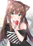  1girl animal_ear_fluff animal_ears black_shirt blurry blurry_background blush breasts brown_hair cat_ears collarbone commentary_request crescent crescent_hair_ornament depth_of_field earbuds earphones food green_eyes hair_ornament hairclip highres holding holding_food indoors looking_at_viewer masayo_(gin_no_ame) off_shoulder original parted_lips shirt short_sleeves small_breasts smile solo star star_hair_ornament twintails upper_body 