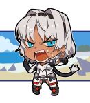  1girl angry bangs beppu_mitsunaka black_footwear black_hairband black_panties blue_eyes blush boots border breasts caenis_(fate) chibi commentary_request crotchless crotchless_pants dark_skin eyebrows_visible_through_hair fate/grand_order fate_(series) fingerless_gloves full_body gloves hair_intakes hairband large_breasts long_hair long_ponytail long_sleeves looking_at_viewer open_mouth panties pants pointing pointing_at_viewer sharp_teeth shirt sidelocks solo standing sweatdrop teeth thigh_boots thighhighs underwear very_long_hair white_border white_hair white_pants white_shirt 