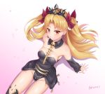  1girl absurdres bangs black_dress black_legwear blonde_hair blush bow breasts collarbone commentary_request detached_collar dress earrings ereshkigal_(fate/grand_order) eyebrows_visible_through_hair fate/grand_order fate_(series) from_above hair_bow hair_ribbon highres jewelry long_hair looking_at_viewer parted_bangs red_eyes ribbon sitting skull smile solo tiara two_side_up very_long_hair yanows 