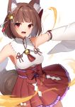  1girl :d animal_ear_fluff animal_ears bangs bell blunt_bangs bow breasts brown_hair character_request copyright_request eyebrows_visible_through_hair fire fox_ears fox_girl fox_tail hair_bell hair_ornament highres jingle_bell long_sleeves looking_at_viewer medium_breasts mizuki_eiru_(akagi_kurage) nontraditional_miko open_mouth outstretched_arms petticoat pleated_skirt red_bow red_eyes red_skirt ribbon_trim sash shirt short_hair skirt sleeveless sleeveless_shirt smile solo tail white_shirt wide_sleeves 