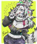  anthro breasts canid canine canis chain_collar clothed clothing collar ear_piercing female gesture handpaw mammal michizuki paws piercing solo spiked_collar spikes v_sign wolf 