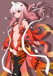  1girl bare_shoulders breasts center_opening cleavage closed_mouth cowboy_shot detached_sleeves fingerless_gloves fingernails gloves guilty_crown hair_ornament hairclip highres hiyashinssu long_hair nail_polish pink_hair red_eyes small_breasts solo twintails yuzuriha_inori 