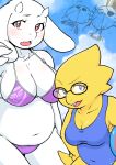  2018 alphys animal_humanoid animated_skeleton anthro ball beach_ball belly big_breasts bikini blood blue_eyes blush bodily_fluids bone boss_monster bovid breast_size_difference breasts buckteeth caprine chubby_female cleavage clothed clothing delta_rune_(emblem) duo_focus eyewear female female_focus fish fish_humanoid fur glasses goat group hand_on_hip hi_res horn humanoid koime_shioaji mammal marine marine_humanoid midriff navel navel_outline non-mammal_breasts nosebleed one-piece_swimsuit open_mouth red_eyes reptile sans_(undertale) scales scalie side_boob skeleton slightly_chubby swimwear symbol teeth thick_tail thick_thighs toriel undead undertale undyne video_games white_body white_fur yellow_body yellow_scales 