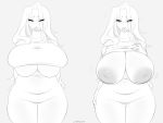 2018 anthro big_breasts bottomwear breasts canid canine canis cherrikissu clothing domestic_dog exposed_breasts female hair hi_res huge_breasts inverted_nipples long_hair looking_at_viewer mabel_(cherrikissu) mammal mature_female nipples pants shirt simple_background slightly_chubby solo standing topwear under_boob 