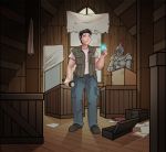  2020 attic black_hair bottomwear clothing crate detailed_background footwear hair human human_only inside lunate male mammal not_furry pants shirt shoes solo standing story story_in_description topwear window 