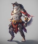  2020 abs absurd_res anthro canid canine canis clothing digital_media_(artwork) fur hi_res kazashino male mammal melee_weapon muscular muscular_male simple_background solo weapon wolf yellow_eyes 