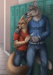  2018 anthro arm_around_shoulders belt black_nose blue_eyes bottomwear brown_body brown_fur canid canine canis cheek_tuft clothed clothing detailed_background duo ear_piercing ear_ring facial_tuft fennec fox fully_clothed fur grey_body grey_fur hi_res inner_ear_fluff inside male mammal marcus_(rukis) pants piercing reis rukis shirt standing t-shirt topwear tuft wolf yellow_eyes 
