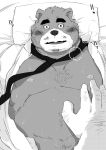  2020 anthro bed belly blush bodily_fluids clothed clothing furniture hi_res humanoid_hands kemono lying male mammal moobs necktie nipples open_shirt overweight overweight_male pillow shintatokoro shirt solo_focus sweat topwear ursid 