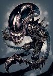  alien alien_(franchise) ambiguous_gender black_body bodily_fluids gesture open_mouth parororo saliva solo spiked_tail spikes teeth tongue tongue_out v_sign xenomorph 