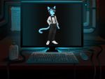  anthro artificial_intelligence blue_body blue_fur bow_tie clothed clothing computer cubber_(artist) detailed_background domestic_cat dress_shirt felid feline felis fur hair hair_over_eye looking_at_viewer male mammal one_eye_obstructed paraphore shirt smile solo suspenders topwear 