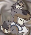  anthro belly bulge canid canine canis clothing crossed_arms erection hi_res humanoid looking_at_viewer male mammal pubes scar smiling_at_viewer solo tenting trigger_lex underwear waggot_(trigger_lex) wolf 