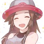  1girl :d blue_(pokemon) blush brown_hair closed_eyes facing_viewer grey_headwear open_mouth pokemon pokemon_(game) pokemon_frlg portrait shiny shiny_hair simple_background sleeveless smile solo white_background yasaikakiage 