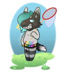  animal_crossing anthro baggy_clothing black_body black_fur blue_background blue_eyes blue_hair blush canid canine canis carrying_object clothing eyebrows fur grass green_grass grey_clothing hair happy legwear lgbt_pride male mammal net nintendo pride_color_clothing pride_colors rainbow sam sharp_teeth simple_background smolsobug solo standing teeth thigh_highs torn_clothing video_games white_body white_eyebrows white_fur white_tail_tip wolf 
