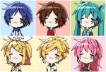  2boys 4girls :3 aosaki_yato aqua_hair aqua_neckwear arm_warmers armband bangs bare_shoulders black_collar black_shirt black_sleeves blonde_hair blue_hair blue_scarf blush_stickers bow brown_hair chibi closed_eyes coat collar commentary detached_sleeves gold_trim grey_shirt hair_bow hair_ornament hairclip hatsune_miku headphones highres kagamine_len kagamine_rin kaito long_hair megurine_luka meiko multiple_boys multiple_girls neckerchief necktie pink_hair red_shirt sailor_collar scarf school_uniform shirt short_hair short_ponytail short_sleeves sleeveless sleeveless_shirt smile spiked_hair swept_bangs twintails upper_body very_long_hair vocaloid white_bow white_coat white_shirt yellow_neckwear 