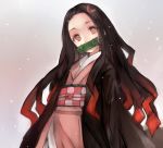  1girl bit_gag black_hair black_haori checkered_obi forehead gag head_tilt highres inaresi japanese_clothes kamado_nezuko kimetsu_no_yaiba kimono long_hair long_sleeves looking_at_viewer mouth_hold obi pink_eyes pink_kimono sash simple_background solo 