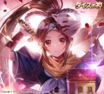  androgynous apple_caramel arm_up bracer brown_eyes brown_hair company_name fox_mask game_of_dice glint headband high_ponytail highres holding holding_sword holding_weapon looking_at_viewer mask mask_on_head official_art ponytail scarf sidelocks sword upper_body weapon yellow_scarf 