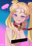  1girl :q absurdres bangs bar_censor bishoujo_senshi_sailor_moon blonde_hair blush breasts censored collar crescent crescent_earrings dated double_bun earrings empty_eyes eyebrows_visible_through_hair heart_collar highres jewelry leash medium_breasts nose_blush nude parted_bangs purple_eyeshadow red_collar sailor_moon sailor_moon_redraw_challenge saliva solo speech_bubble spiked_collar spikes stray_pubic_hair tongue tongue_out tsukino_usagi twintails upper_body wudidadanao 