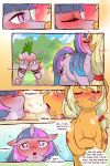  &lt;3 &lt;3_eyes anthro applejack_(mlp) blush bodily_fluids cold-blooded-twilight comic dialogue dragon english_text equid female female/female feral friendship_is_magic hi_res horn kissing licking licking_lips mammal my_little_pony outside saliva saliva_string spike_(mlp) text tongue tongue_out twilight_sparkle_(mlp) unicorn 